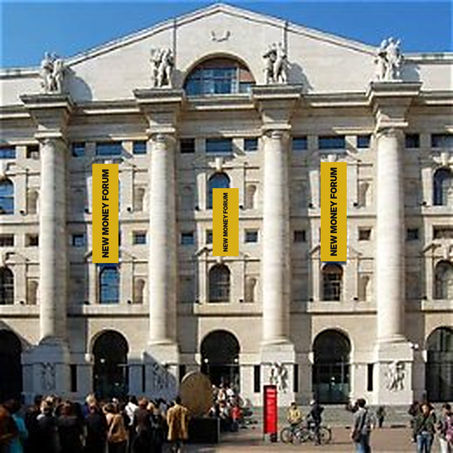 Palazzo Mezzanotte with New Money Forum banners on the façade