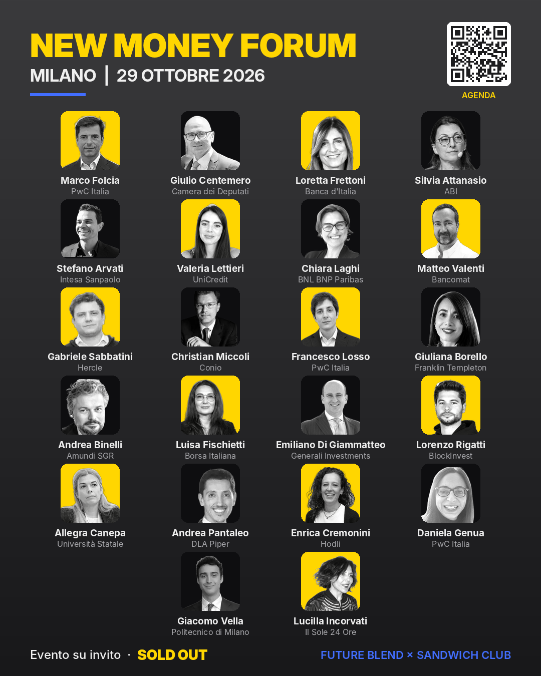 The 22 speakers and moderators of the New Money Forum 2026, with a QR code to the agenda